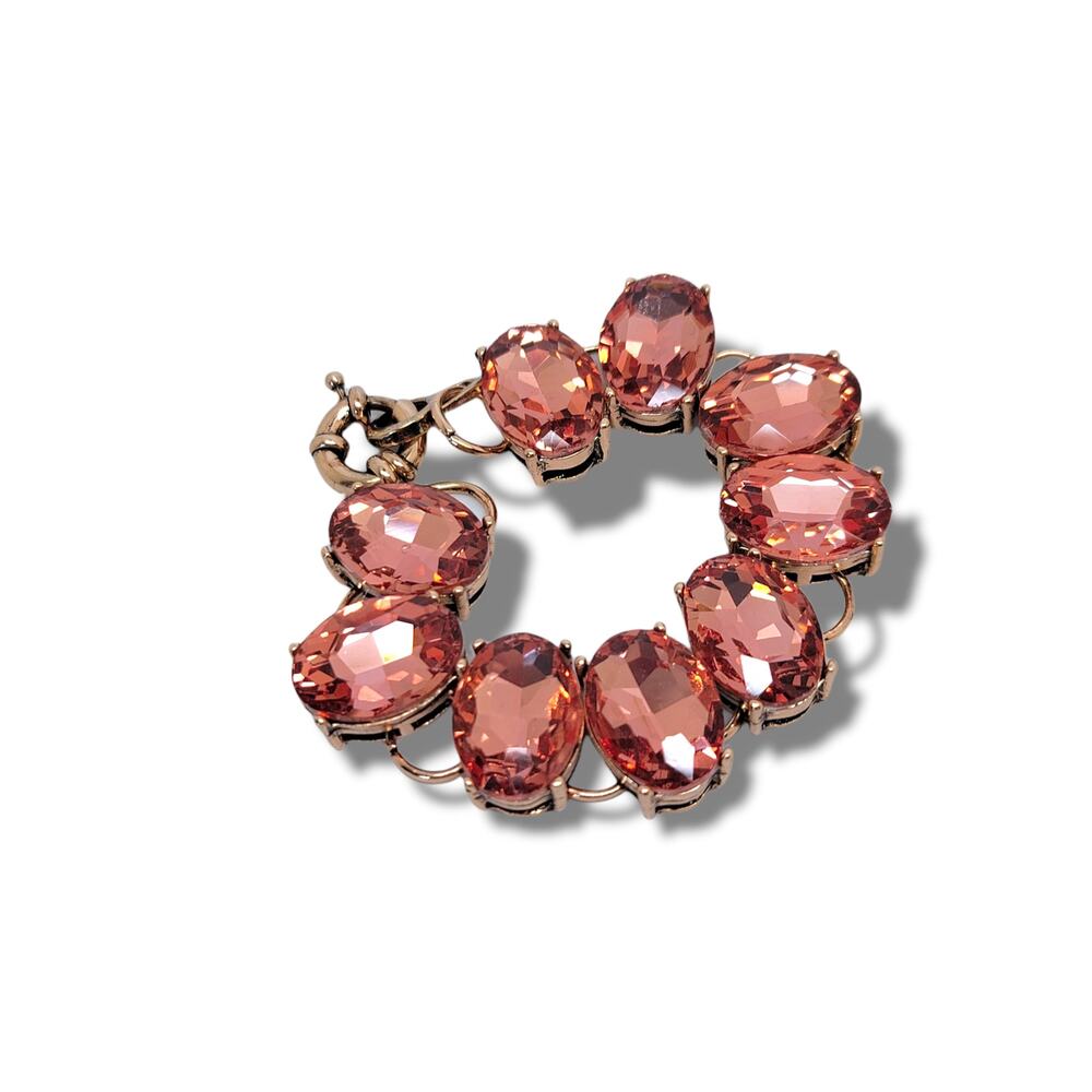 Gold-Tone Oval Peachy-Pink Morganite Color Oval Rhinestone Bracelet 7 3/4"